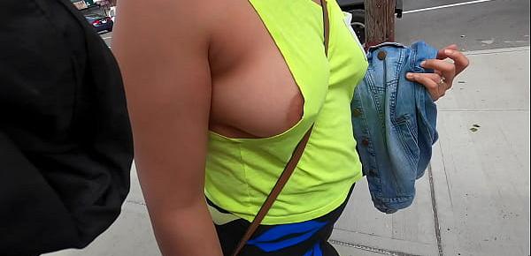  Wife no bra side boobs with pierced nipples in public flashing